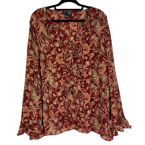 VENEZIA JEANS Red & Orange Paisley Ruffle Long Sleeve Button Down‎ Blouse - Picture 1 of 11